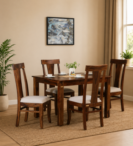 Heritage Solid Sheesham Wood 4 Seater Dining Table Set with Cushioned Chairs