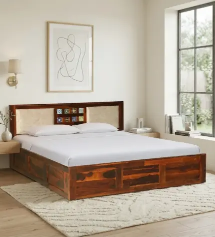 Solid wood bed with elegant headboard design