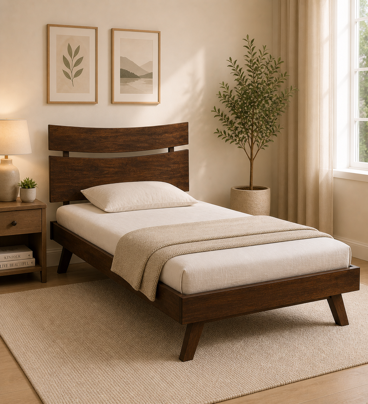 Senviro-Solid-Wood-Single-Bed-with-Elegant-Headboard-Design-classic-wood-1.webp Senviro Solid Wood Single Bed with Elegant Headboard Design - Image 1