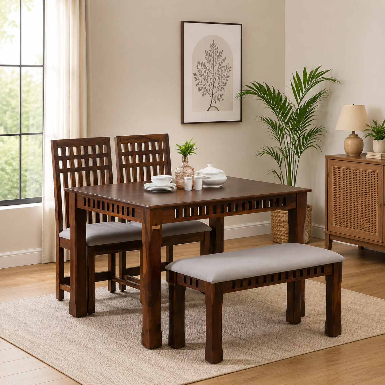 Sistel-Sheesham-Wood-4-Seater-Dining-Set-In-Scratch-Resistant-Provincial-Teak-Finish-With-Marble-Top-classic-wood-13.webp Sistel Sheesham Wood 4 Seater Dining Set In Scratch Resistant Provincial Teak Finish With Marble Top - Image 1