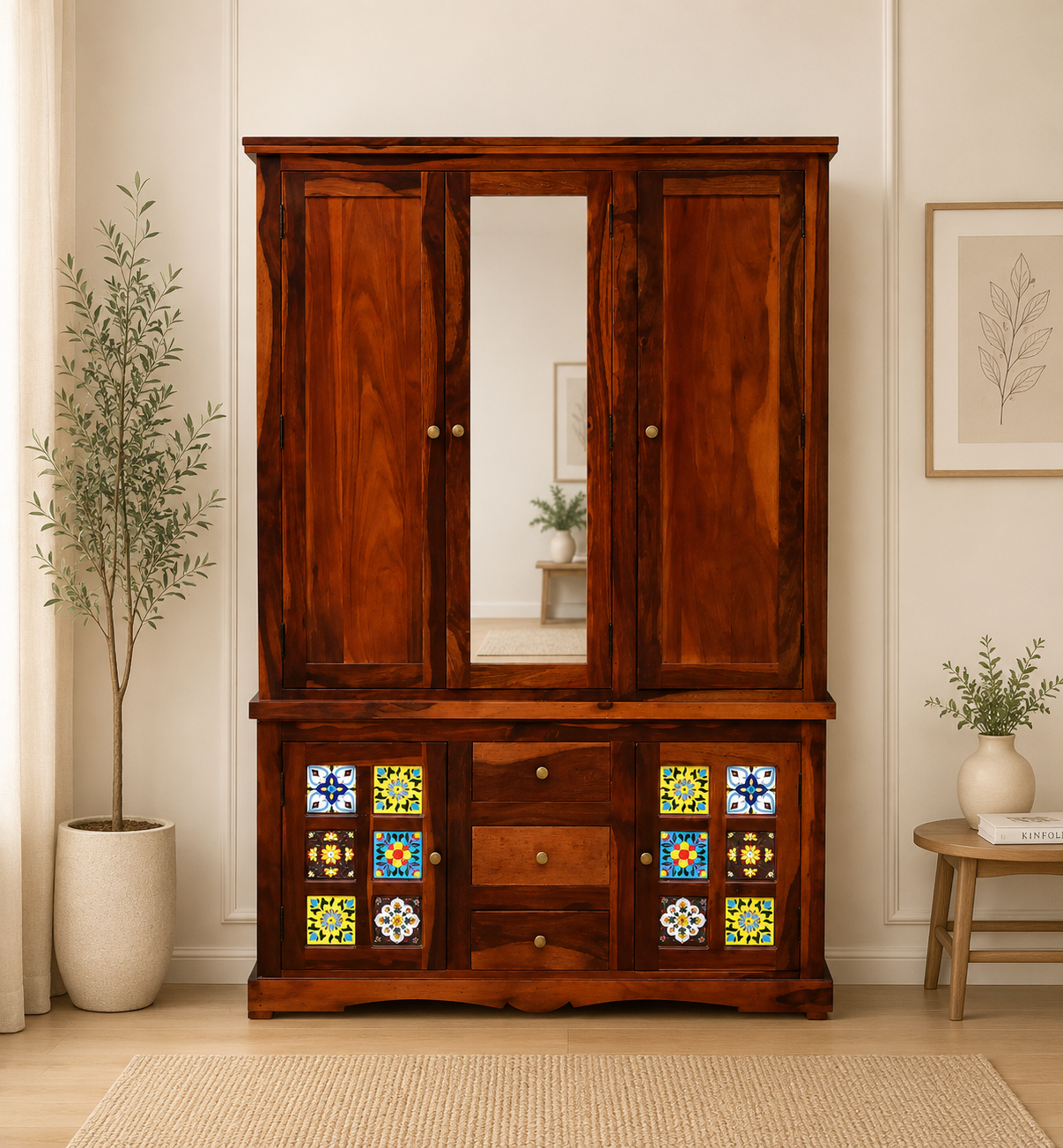 Kyoto-Solid-Wood-Wardrobe-with-Artistic-Tile-Detailing-classic-wood-1.webp Cyoto Solid Wood Wardrobe with Artistic Tile Detailing - Image 1
