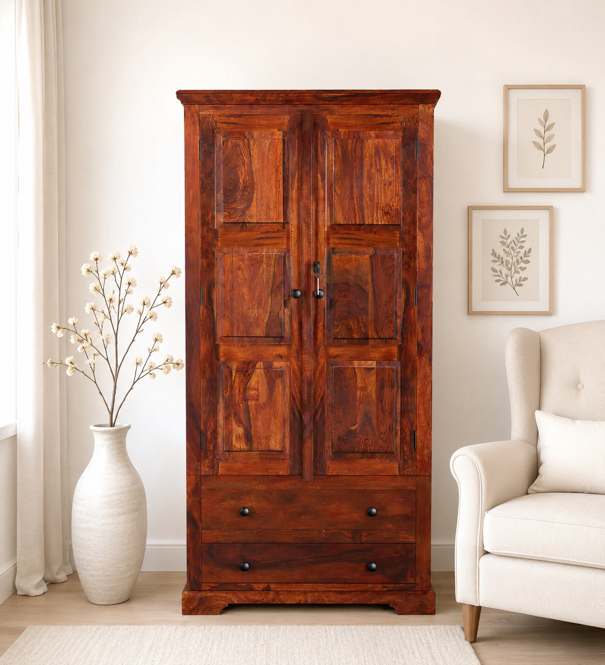 Rdorn-India-Aspen-Wooden-Finish-Wardrobe-with-Mirror-classic-wood-1.webp Rdorn India Aspen Wooden Finish Wardrobe with Mirror - Image 1