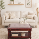Birchwood Round Coffee Table with Wicker Shelf in White