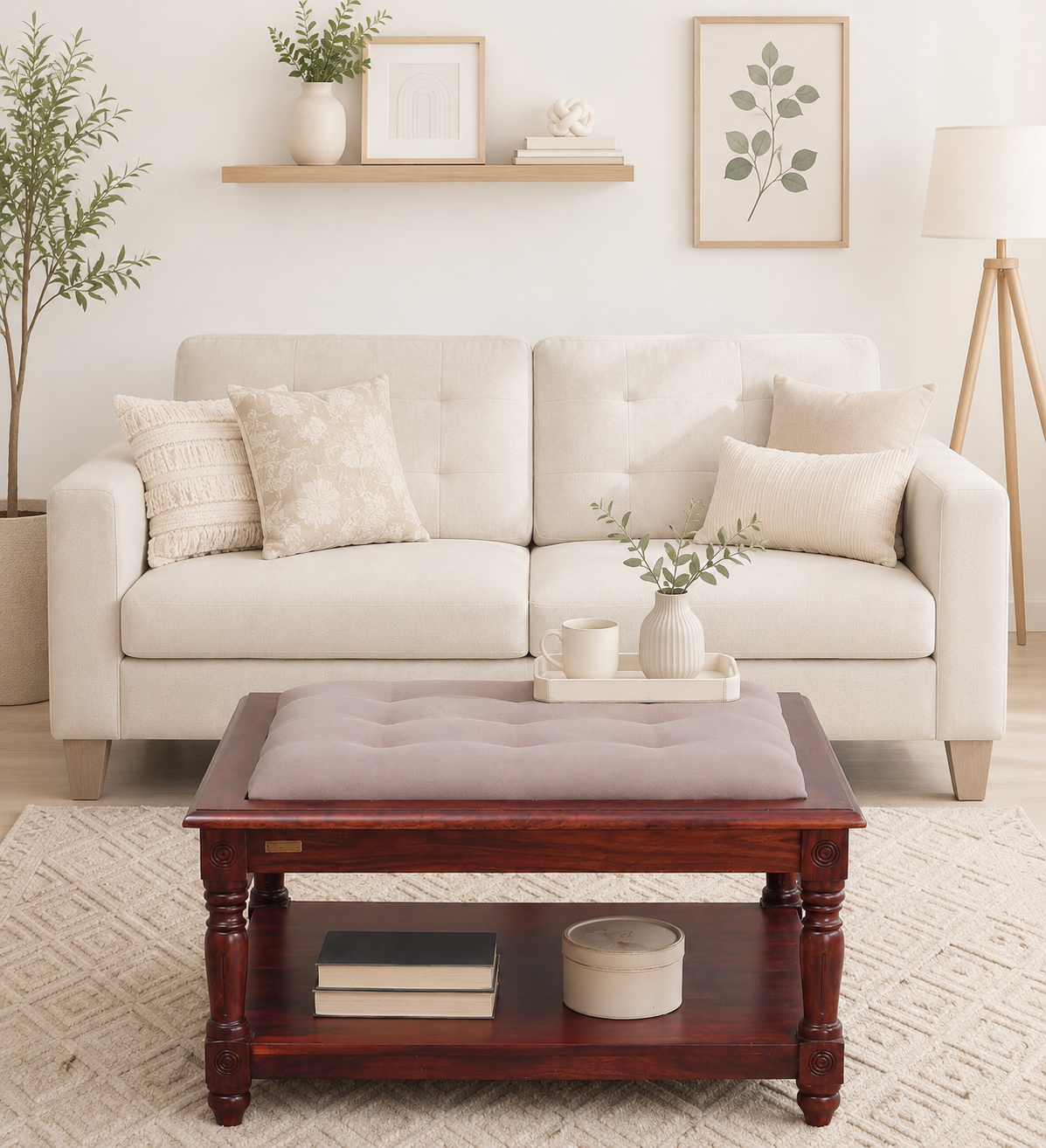 classic-wood-1-5.png Birchwood Round Coffee Table with Wicker Shelf in White - Image 1