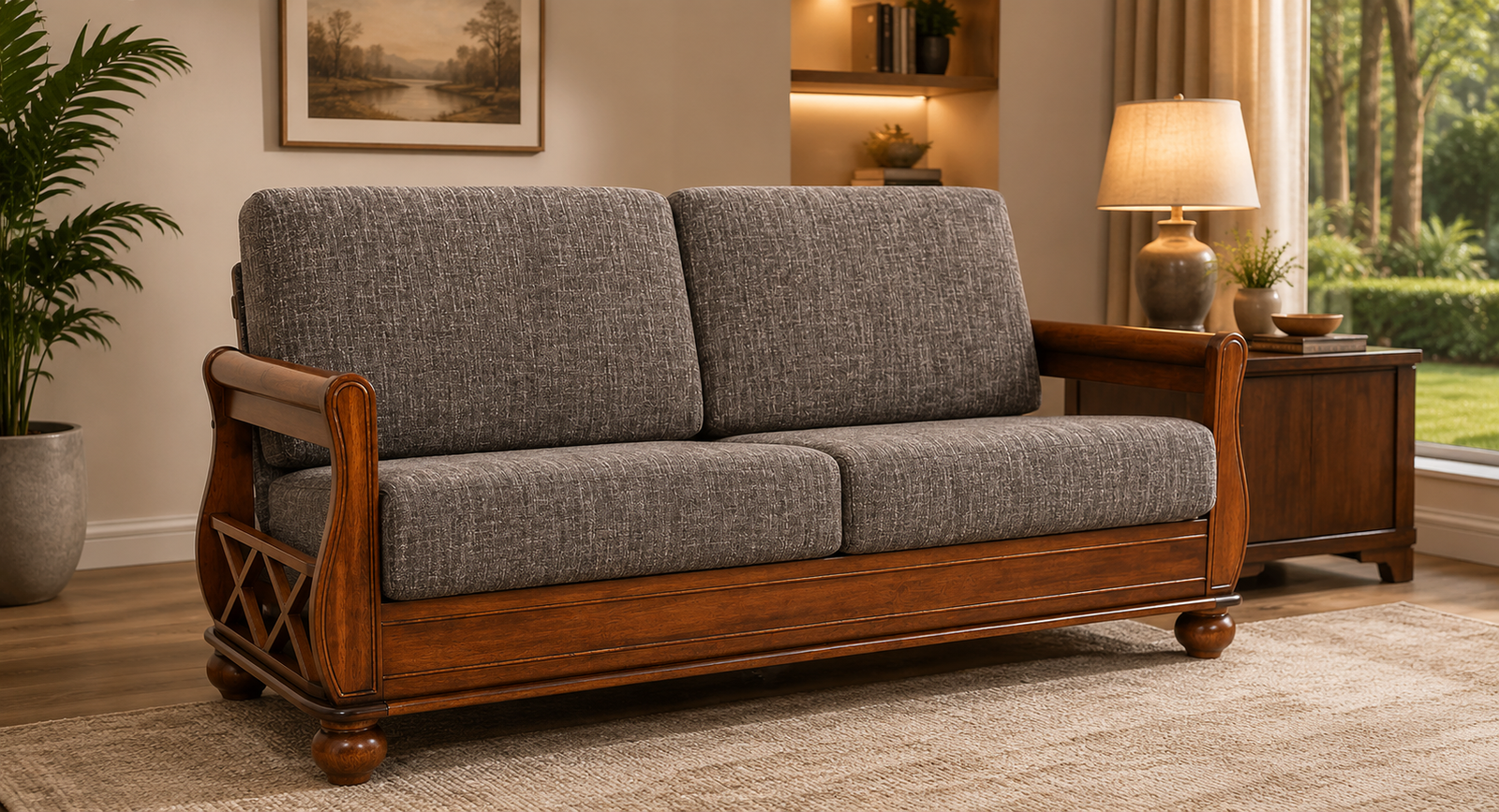 text-3-Seater-Sofa-In-Brown-Colour-classicwood-1.png Haven Sheesham Wood 3 Seater Sofa in Brown Finish - Image 1