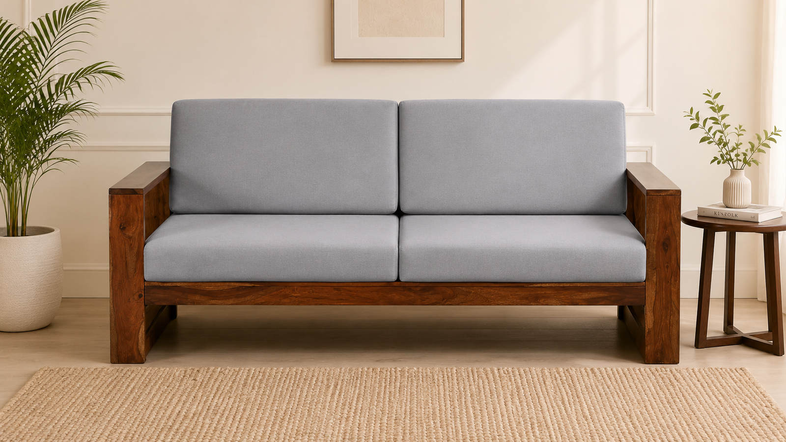 Monk-Sheesham-Wood-3-Seater-Sofa-In-Grey-Colour-classicwood-1.png Verona Contemporary 3 Seater Sofa in Natural Wood Finish - Image 1
