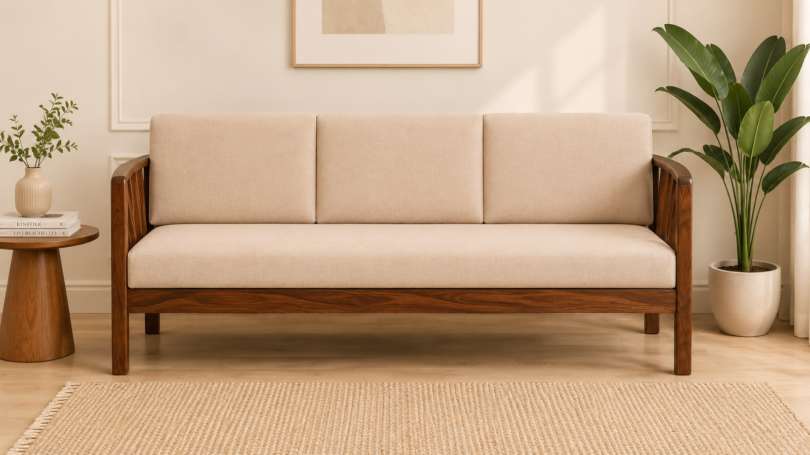 Junka-Sheesham-Wood-3-Seater-Sofa-In-Honey-Oak-Finish-Classicwood-1.png Aura Modern Wooden 3 Seater Sofa with Cushioned Seating - Image 1